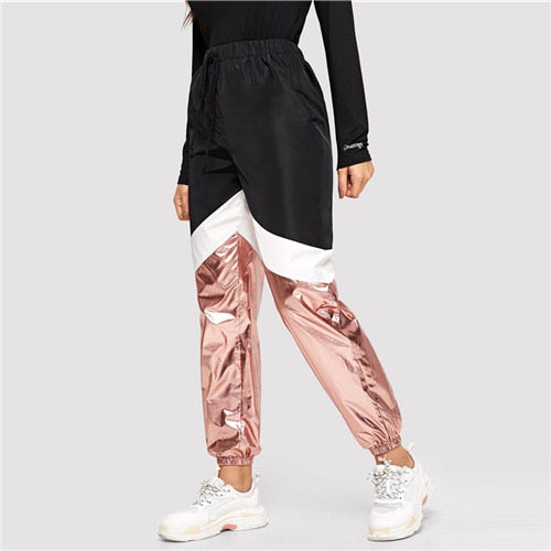 Cut And Sew Metallic Panel Sweatpants